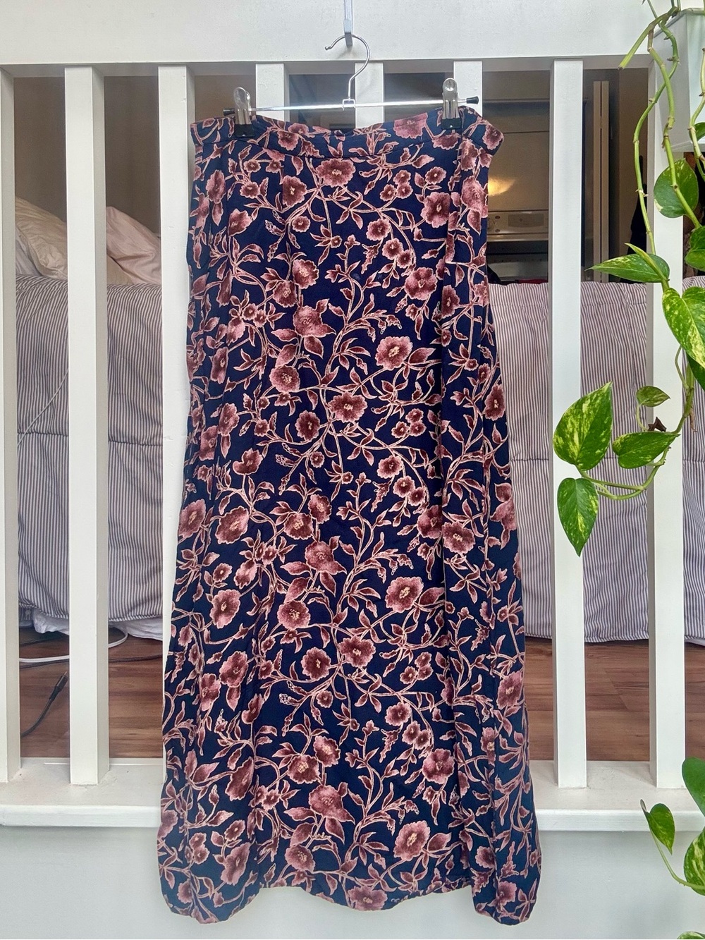 Navy Maxi Skirt with Pink Rose Floral Print